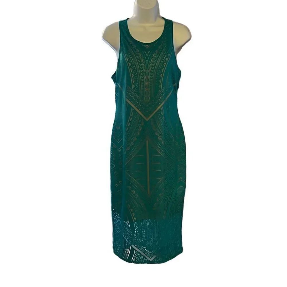 Mossimo Women's Sleeveless Perforated Geometric Line Aqua Blue Midi Dress M